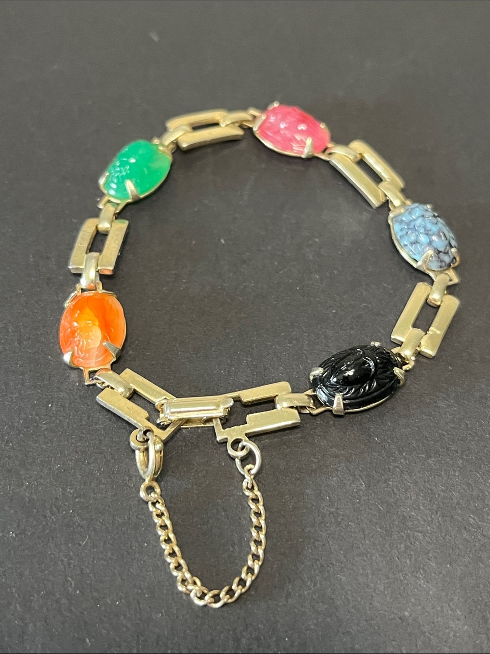 Vintage Sarcab Gold-Tone Multicolor Carved Scarab Bracelet Egyptian Revival